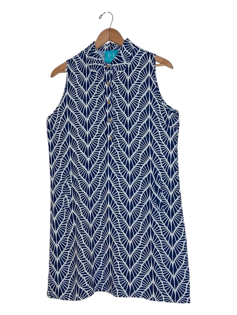 Escapada Sleeveless Henley Tunic Shirtdress Cover Up Sz M Navy Blue White Print